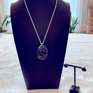 Black Silver Tone Pendant Necklace and Earrings